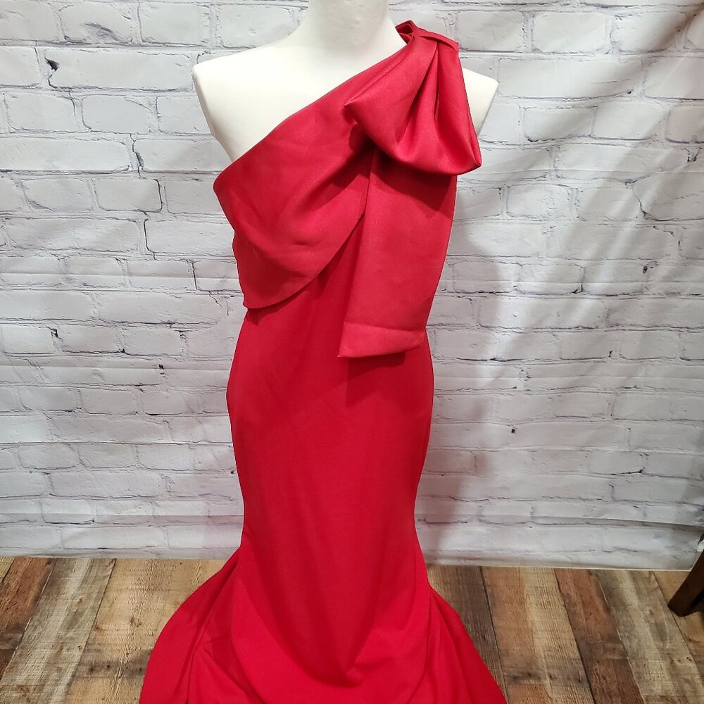 Betsy & Adam Women's Bow-Trimmed One-Shoulder Gown- Red, Size 8